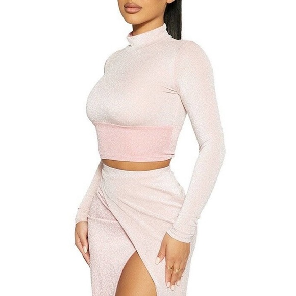 NAKED WARDROBE On The Glow Pink Glitter Mock Neck Crop Top - Picture 1 of 6